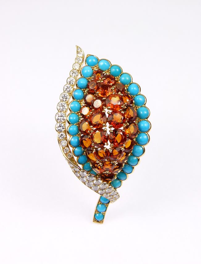   Cartier - Citrine, turquoise and diamond leaf brooch | MasterArt